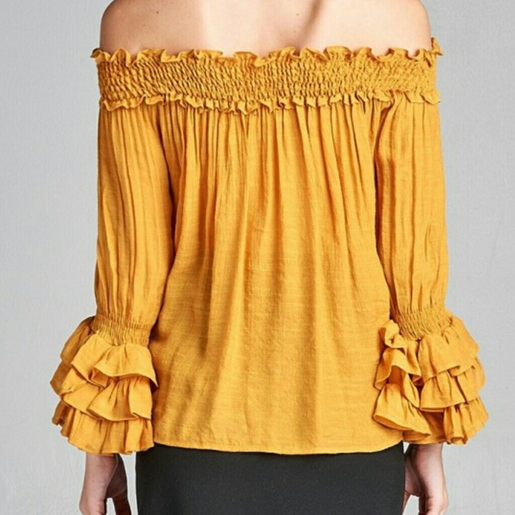 Yellow Off-Shoulder Ruffle Long Sleeve Top - Picture 2 of 4